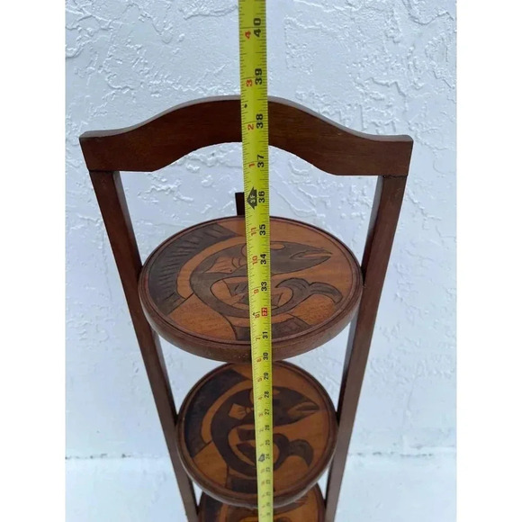 Vintage 3-Tier Solid Wood Round Carved Folding Table Pie Stand Plant Shelf 38.5" - Picture 9 of 11